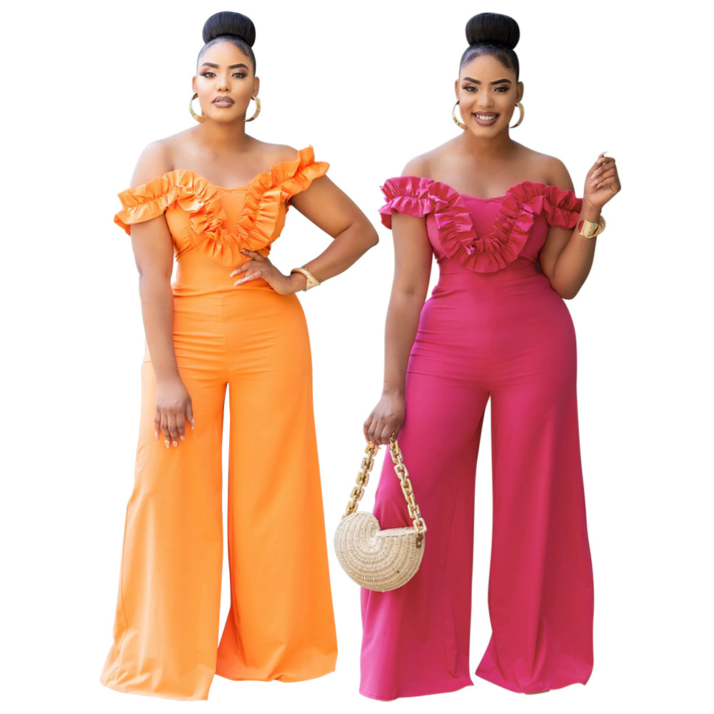 Elegant Women's One Shoulder Ruffled Slim Fit Jumpsuit Solid Colour_voghion.com