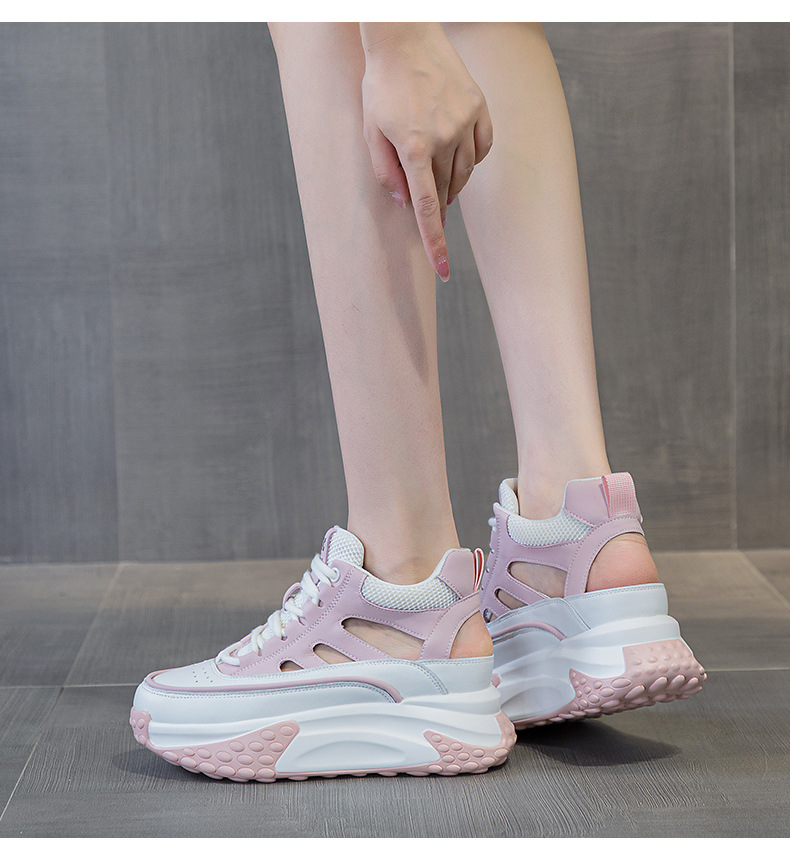 Giày sneaker nữ da thật đế dày phong cách bố mùa hè 2025 nhẹ tăng chiều cao — M2357 màu hồng, M2357 màu xanh lá cây, M2357 màu trắng chi tiết 28