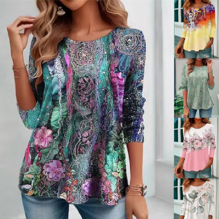 新款热销女装欧美速mai通亚马逊  彩色数码印花长袖T恤5366