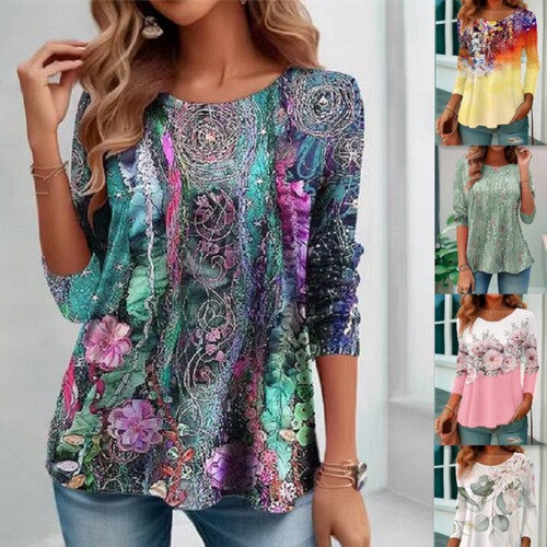 New hot-selling women’s clothing—European and American-style fast-moving Amazon product: Colorful digital-print long-sleeved T-shirt 5366