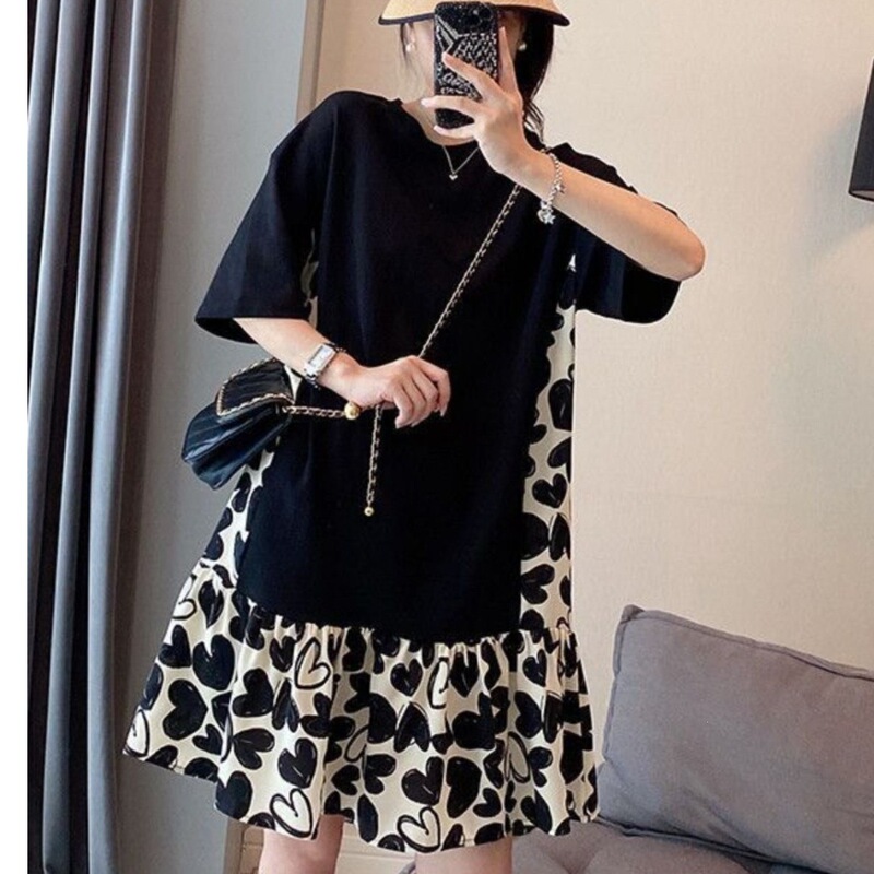 Plus-size women's summer dress, new Korean-style floral dress with heart pattern