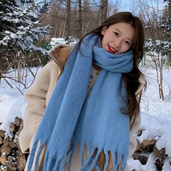 高定版! 純色の厚手の女性用の青いマフラー2024秋冬の男性の韓系の雰囲気感の冬のマフラー