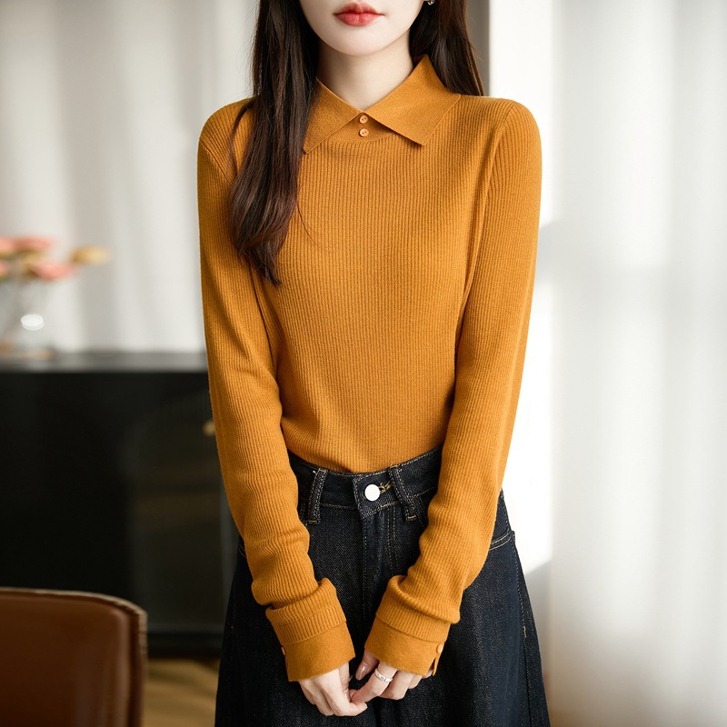 Worsted Wool Lapel Knitwear Long-Sleeved Women's 2025 Autumn and Winter New Pure Color Striped Pullover Bottoming Shirt Top