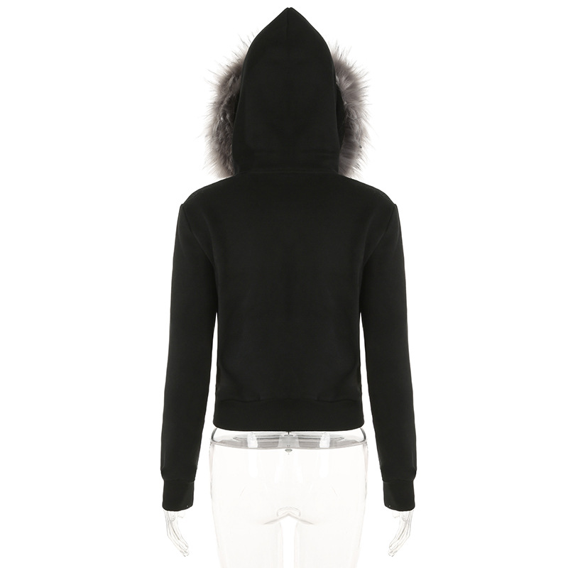 Street Retro Hooded Furry Splicing Coat Winter Slim Fit Warm Double Headed Zipper Cardigan Sweatshirt