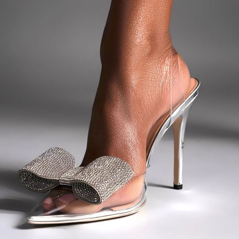 New Designer Luxury Rhinestone Bow High-Heeled Sandals, Sexy and Fashionable Stiletto Women's Shoes, Large Size Sandals