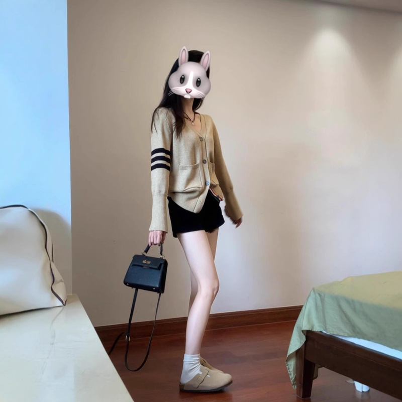 跨境撞色V领软糯毛衣开衫女5春秋季新慵懒学院风针织衫外套衣卡其|undefined