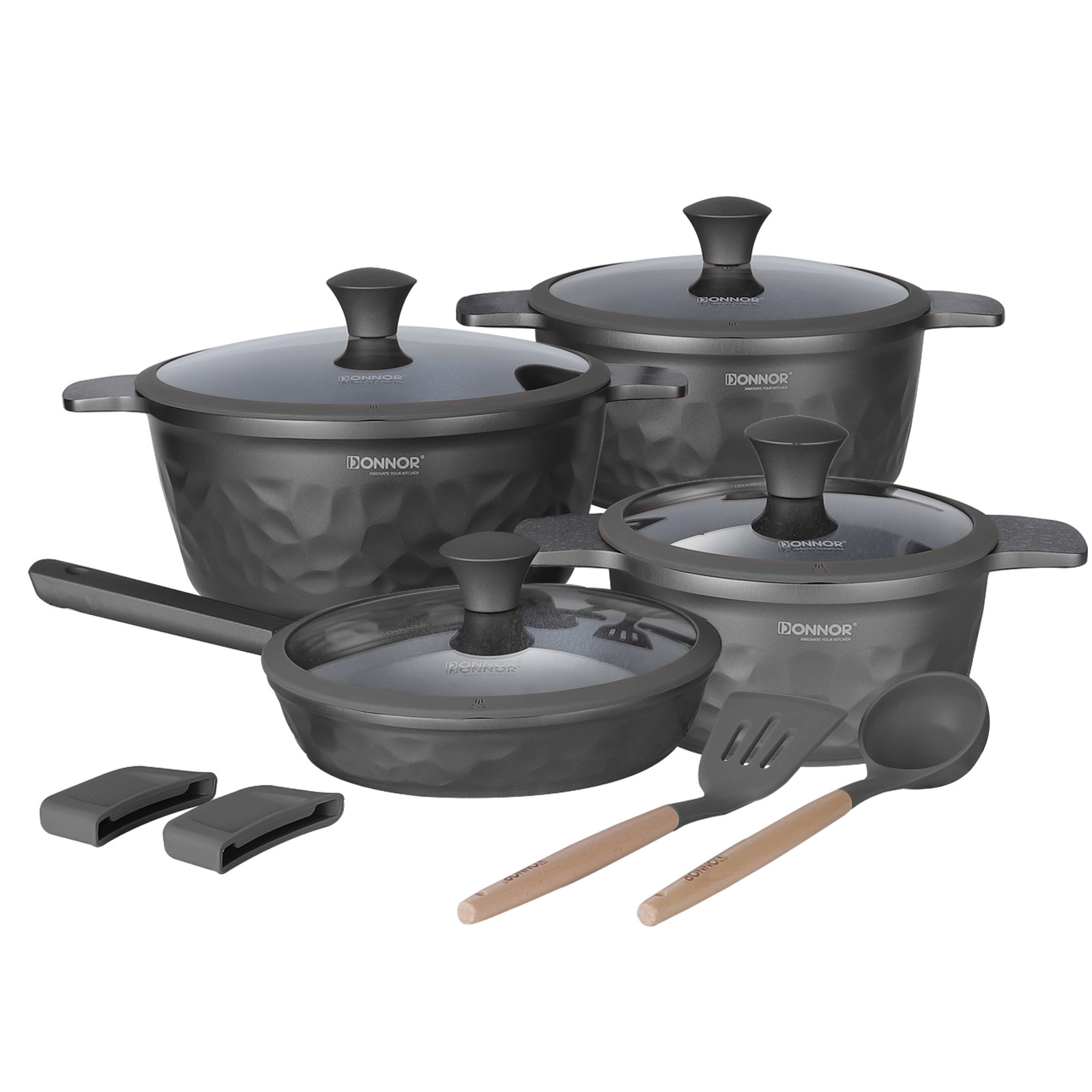 Juego de Utensilios de Cocina Donnor con Textura Martillada de 12/16 Piezas, Compatible con Estufas de Inducción y de Gas, Utensilios de Cocina Antiadherentes, Transfronterizo