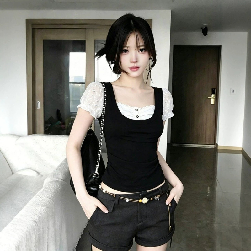 Black Lace Fake Two-Piece Puff Short-Sleeve T-Shirt for Women, Summer Design, Slim Fit, Sweet and Cool Style, Short Top