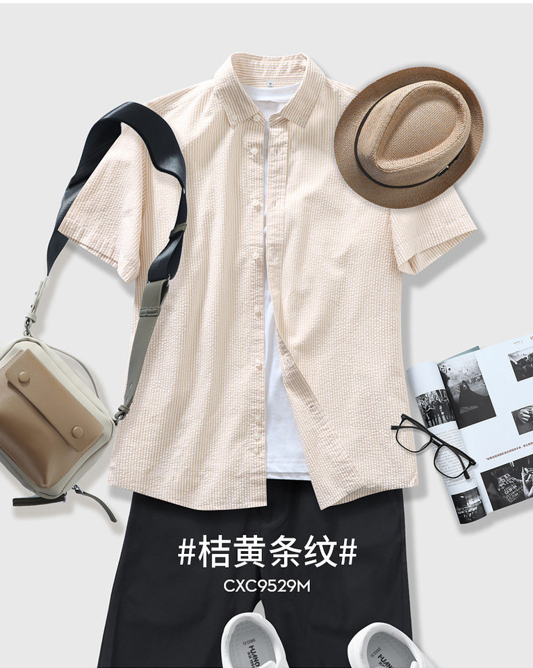 Áo sơ mi nam ngắn tay seersucker sọc kẻ phong cách retro form rộng thoáng mát — Sọc xanh nhạt ngắn tay 25, Sọc xám nhạt-Tay ngắn 26, Tay ngắn sọc cam 29 chi tiết 17
