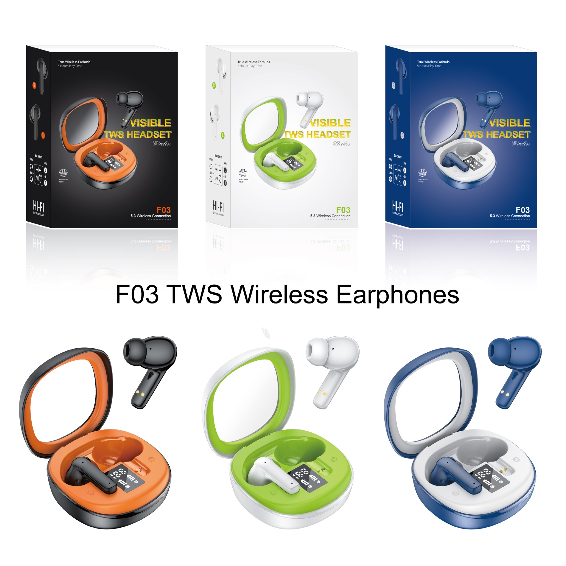 跨境新款F03无线蓝牙耳机5.3透明太空舱运动耳机低延迟长续航TWS