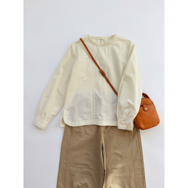2025 Spring Lace Collar Shirt for Women, Long Sleeve, Loose Fit, Elegant Cotton Top, Artistic Style