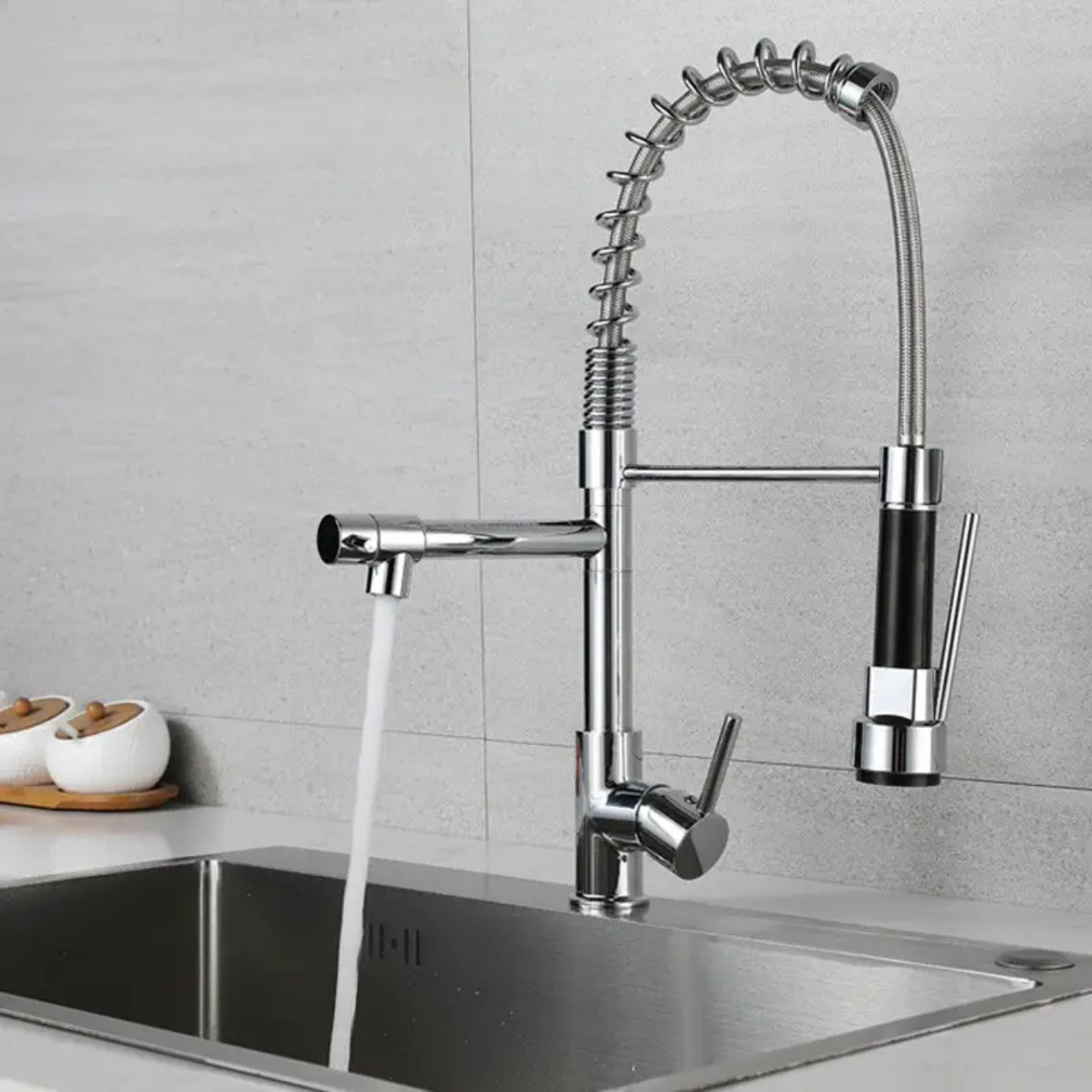 Cross-border all-copper spring faucet kitchen sink with rotatable and pull-out dual water outlet for cold and hot purified water spring faucet details Picture