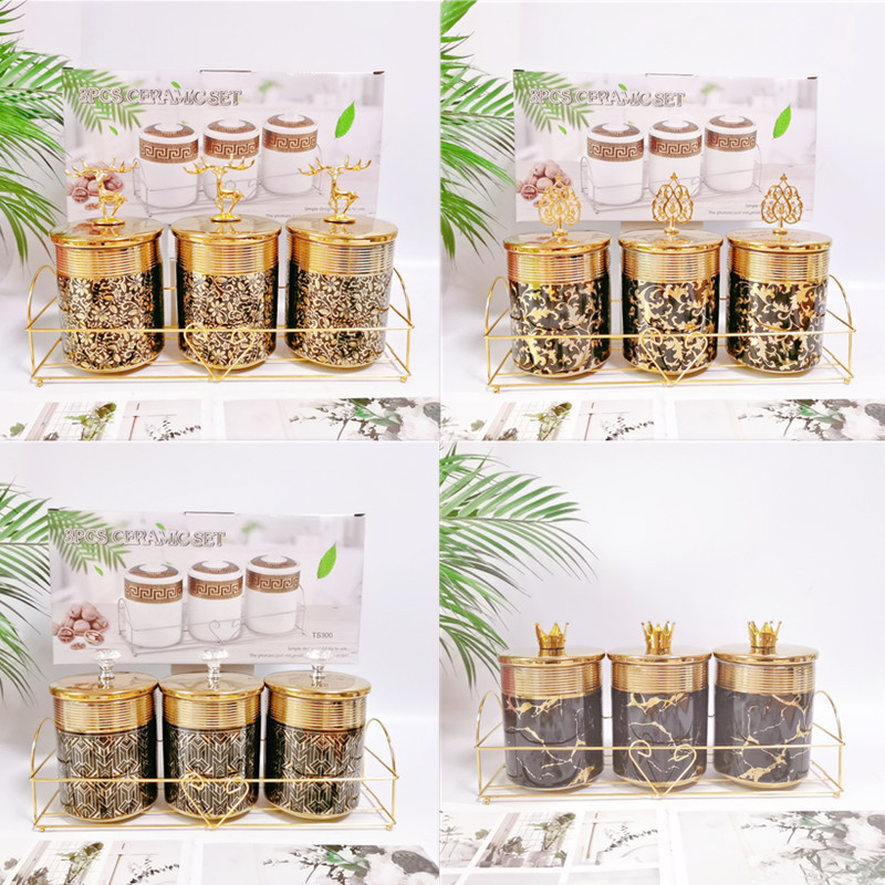 Luz galvanoplastia de lujo sellado tarro de cerámica chapado en oro condimento tarro cocina almacenamiento tarro condimento botella café tarro traje