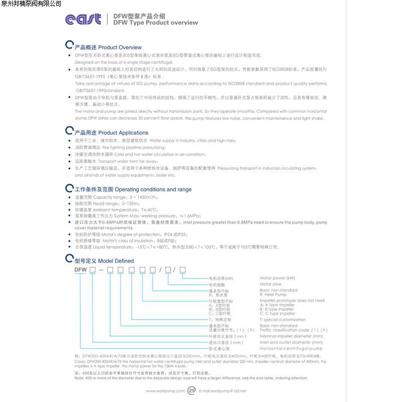 上海东方泵业（集团）有限公司卧式管道泵DFW50-160（I）A/2/3