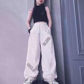运动休闲中大童儿童街舞hiphop嘻哈炸街宽松跳舞束脚卫裤子高腰