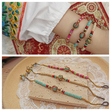 民族風手工飾品 原創尼泊爾銅珠松石泰國蠟繩銅鈴編織手鏈