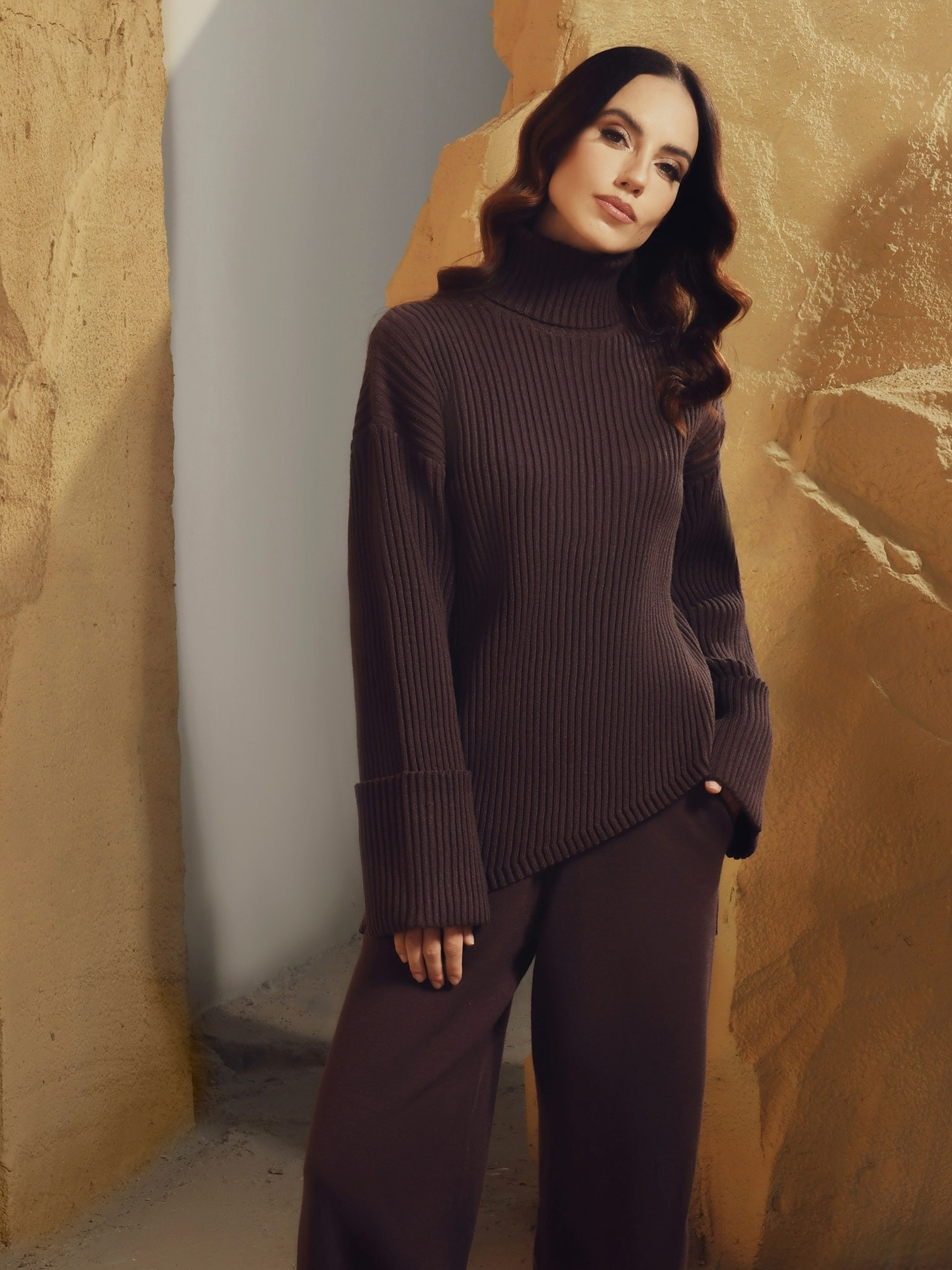 Knitted suit autumn and winter loose high collar pit striped hem sweater knitted pants sweater suit_voghion.com