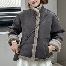 韩系复古立领毛毛麂皮绒外套女短款加厚小个子皮毛一体机车服夹克