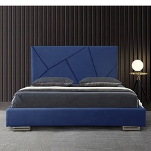 外贸工厂蓝色亚麻布艺床几何造型床头金属床脚坚固耐用木质床架