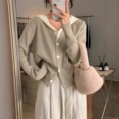 韩系甜美拼接假两件针织开衫女秋冬小众简约百搭显瘦连帽毛衣外套