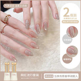 网红爆闪碎钻指甲油胶2025年新款显白冰透裸色猫眼美甲店专用套装