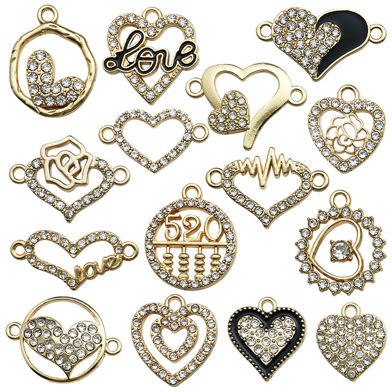 Mixed 15-Piece Rhinestone Heart Pendant Valentine's Day Accessories Hollow Heart English Letter Accessories Jewelry Pendant Alloy Mixed 15-Piece Rhinestone Heart Pendant Valentine's Day Accessories Hollow Heart English Letter Accessories Jewelry Pendant Alloy