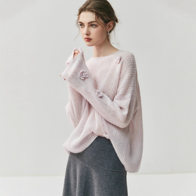 Herbalife! 75 Cashmere 25 Mulberry Silk Sweater Women's Round Neck Off-Shoulder Loose Hand-Crocheted Camellia Knitted Blouse