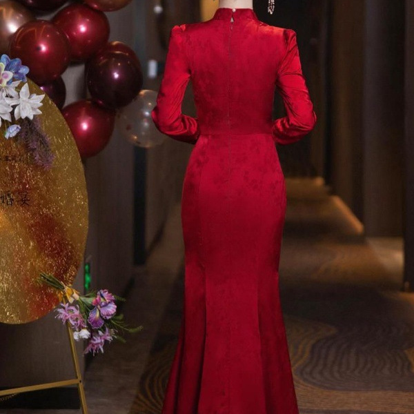 New New Chinese Style Cheongsam Toast Dress Bride Engagement Dress Female Wedding High-End Luxury Fishtail Long Sleeves