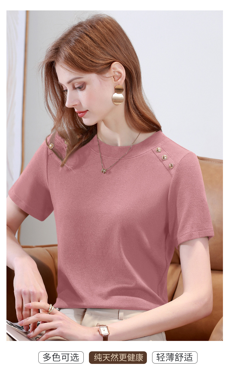 Women's T-shirt Short Sleeve T-shirts Button Classic Style Solid Color display picture 3