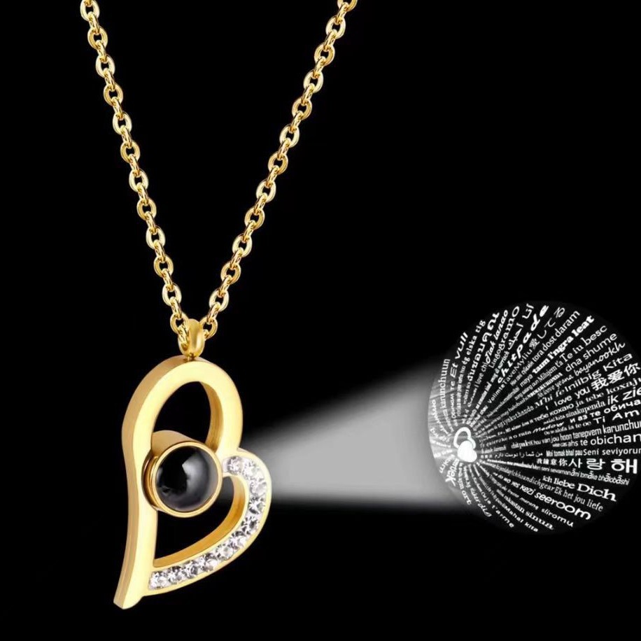 厂家批发跨境热销100种语言斜爱心钛钢锁骨链 批发各种款式项链