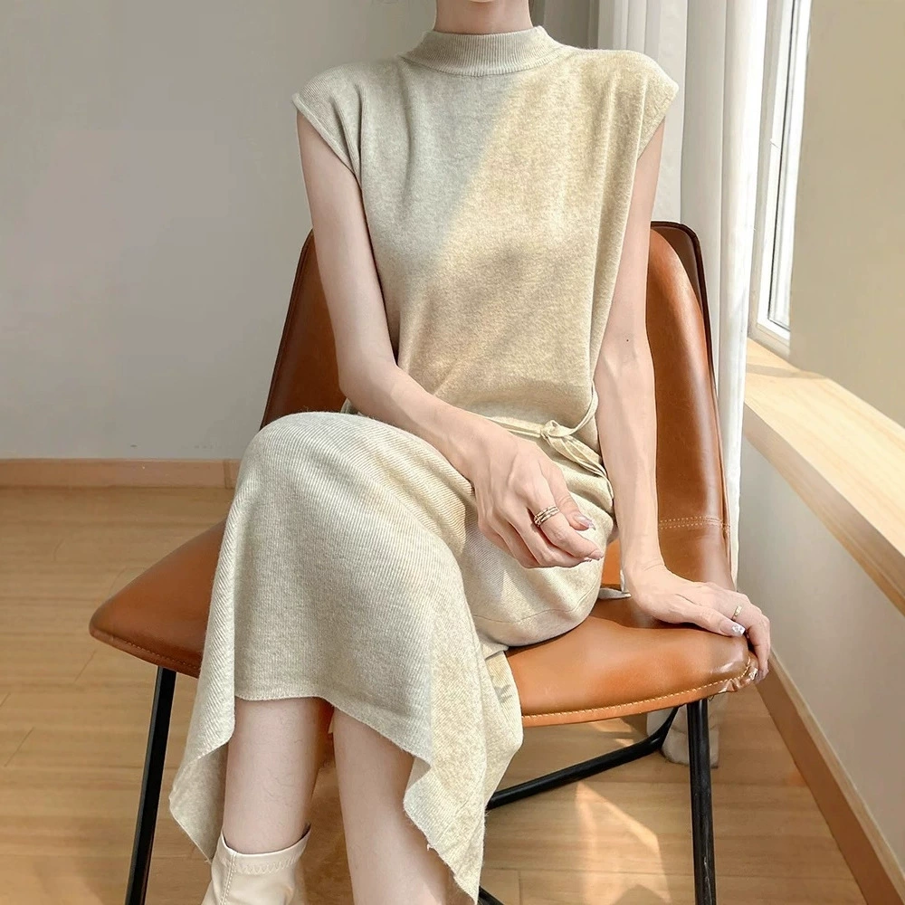 Корейское трикотажное платье без рукавов с полувысоким воротником для женщин на осень и зиму, новая юбка-свитер средней длины с утягивающей талией
