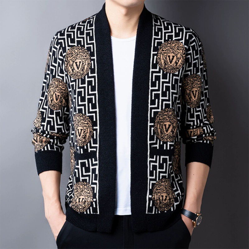 Вязаный кардиган Мужской осенний тонкий верхний свитер Модный тренд Жаккард Европейская станция Модный брендовый кардиган Свитер Пальто