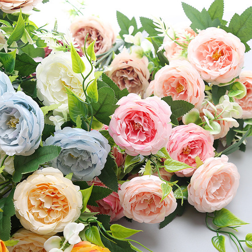 Simulated 7-head camellia home shopping mall landscaping small bouquet flower arrangement wedding small clear decorative silk fake flowers