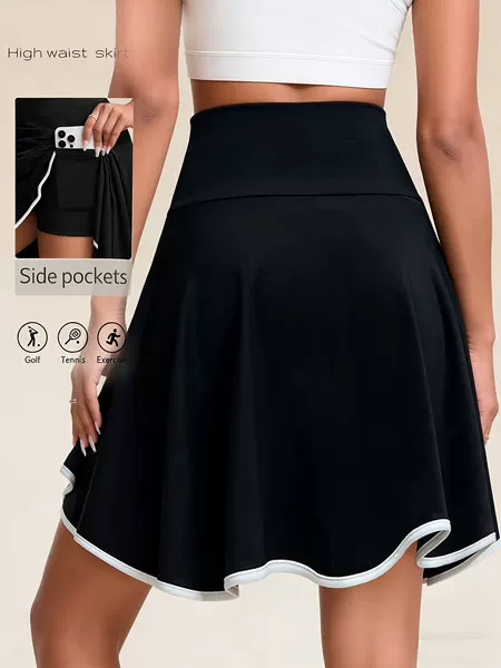 High-waisted sports skirt for women, faux two-piece tennis skirt, fitness yoga short skirt with side pockets, anti-exposure, color-blocking short skirt for women