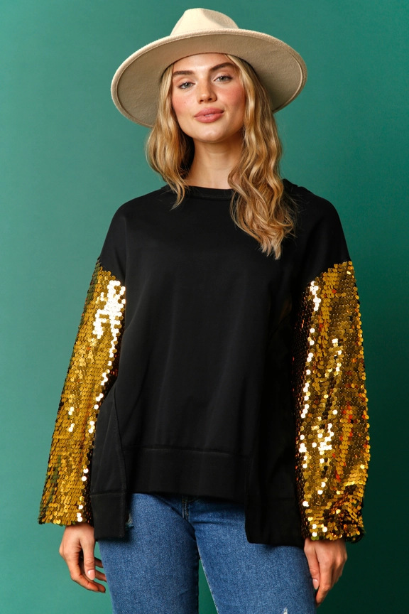 Autumn Winter Christmas Sequined Sleeve Top Stitching Long Sleeve Trendy Sweatshirt Women