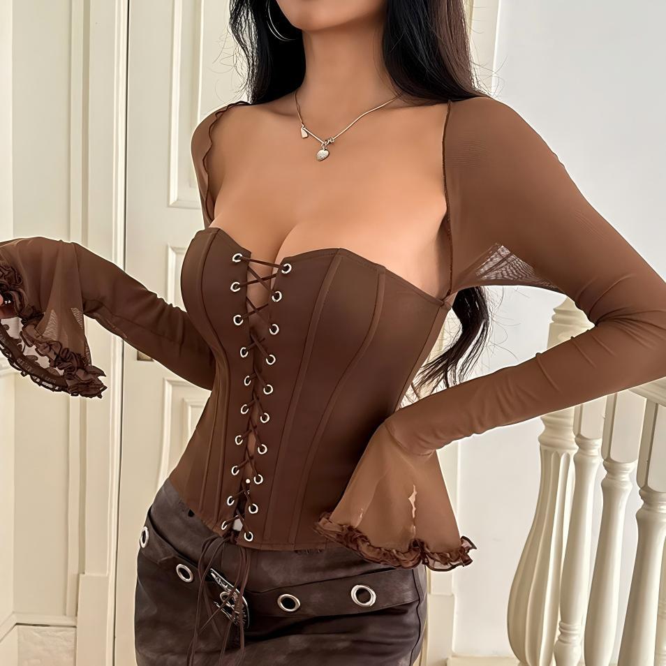 Cheng Yang Autumn American Style Spicy Girl Mesh Patchwork Off-Shoulder Strap Slimming Fishbone T-Shirt for Women 71263