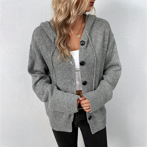Women's Cap Sleeve Single Button Pure Color Cardigan Sweater with Hood, Knit Open Jacket for Autumn and Winter with Drawstring