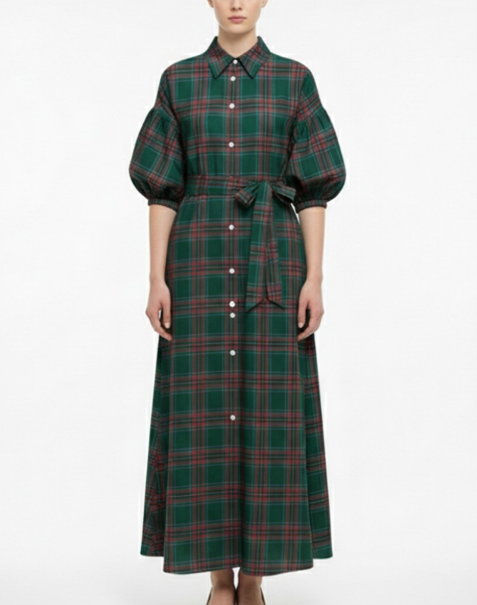 Women's Christmas Themed Long Casual Fashion Shirt Dress In Green And Red Plaid_ecoleips.com