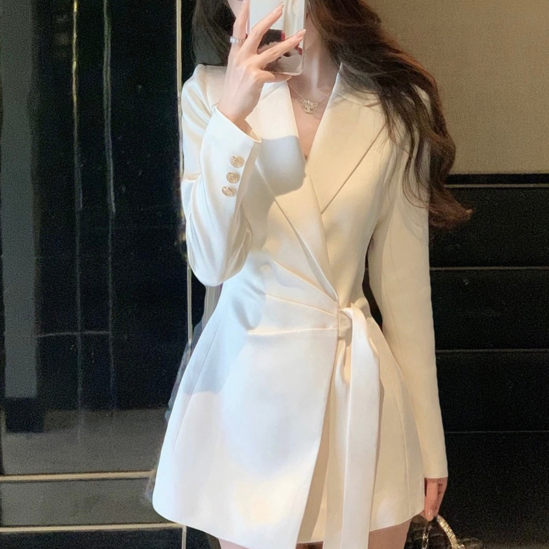 Old money with spring strap satin acetate suit long women's coat 2025 new Korean temperament skirt