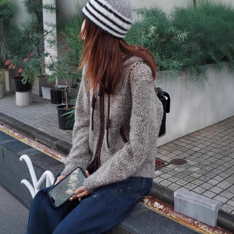 "Sketch Workshop" "Frosted Snow Top" mohair variegated gauze hooded knitted cardigan sweater jacket