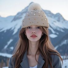 韩版冬季珍珠铆钉毛线帽子 韩版毛球针织帽 加厚保暖女士毛线帽