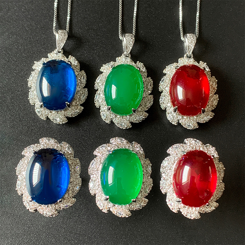 2024 Nueva joyería Zhuang Shengsheng, fondo de cobre, corindón chapado en oro, hielo, temperamento fluorescente, conjunto de calcedonia 15*20