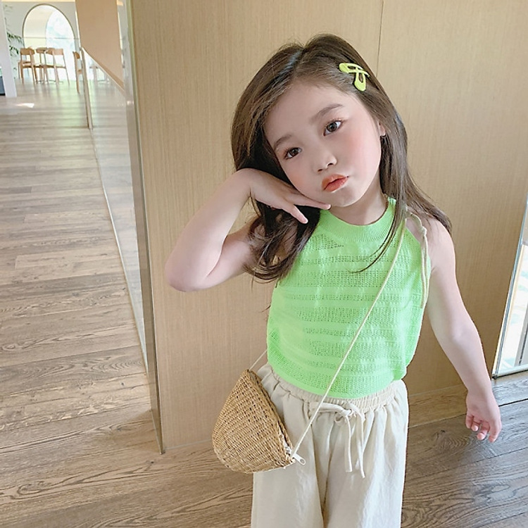 Ropa para niños 2023 nueva primavera y verano camisola para niñas de verano color sólido cuello redondo chaleco delgado ropa exterior moda