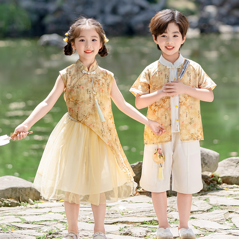 儿童汉服女童连衣裙民族风演出服男童少数民族服装幼儿园舞蹈表演