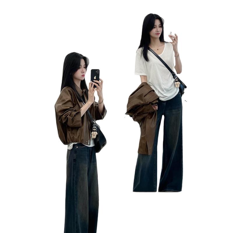2025春の服とセットの大きいサイズの太ったmmの皮の服のコートのジーパンの復古のファッションのスーツの女性|undefined