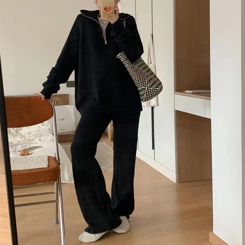 Women’s Korean Style Knit Sweater & Wide Leg Pants Set – Lapel Half-Zip Lounge Suit (One Size, 6 Colors)_voghion.com