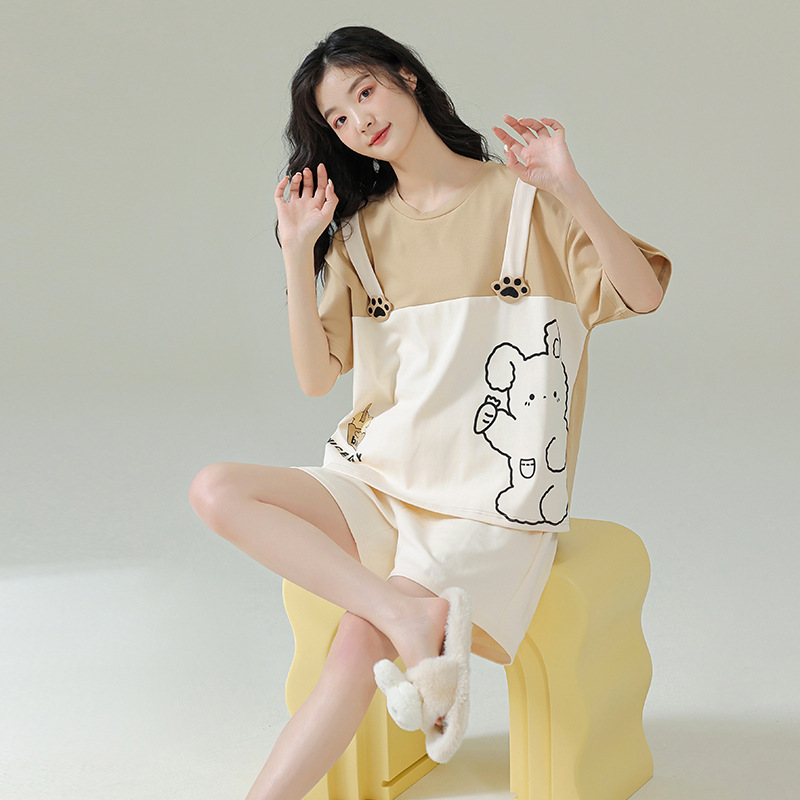 Pijamas de pareja pantalones cortos de manga corta de algodón de verano hombres y mujeres traje de homewear delgado de dibujos animados de oso lindo de algodón