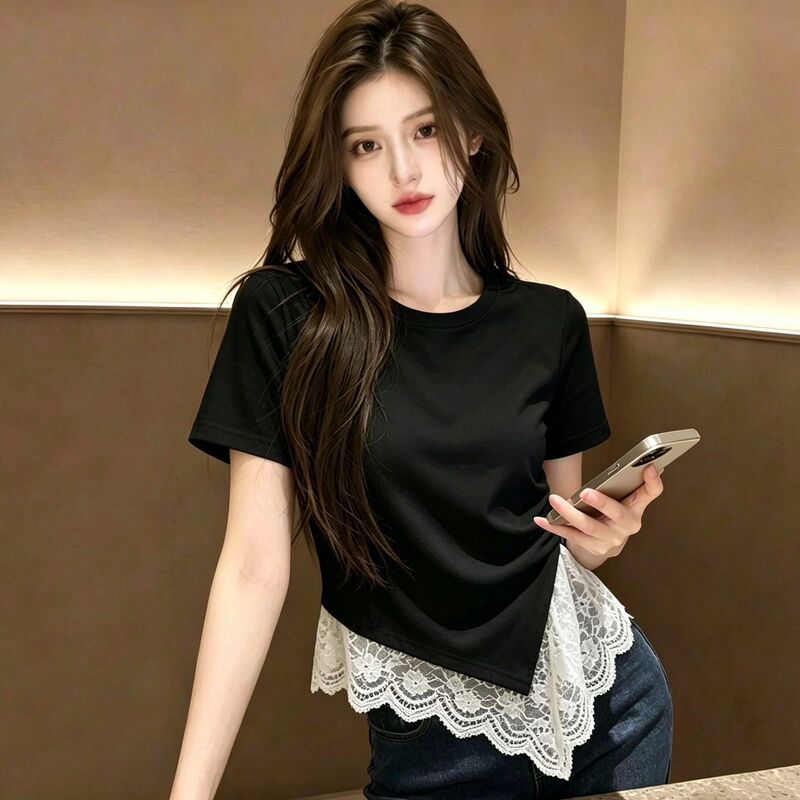Korean-Style White Lace Splicing Irregular Short-Sleeved T-Shirt for Women Summer 2026 New Fashion Elegant Top Women's Clothing Korean-Style White Lace Splicing Irregular Short-Sleeved T-Shirt for Women Summer 2026 New Fashion Elegant Top Women's Clothing