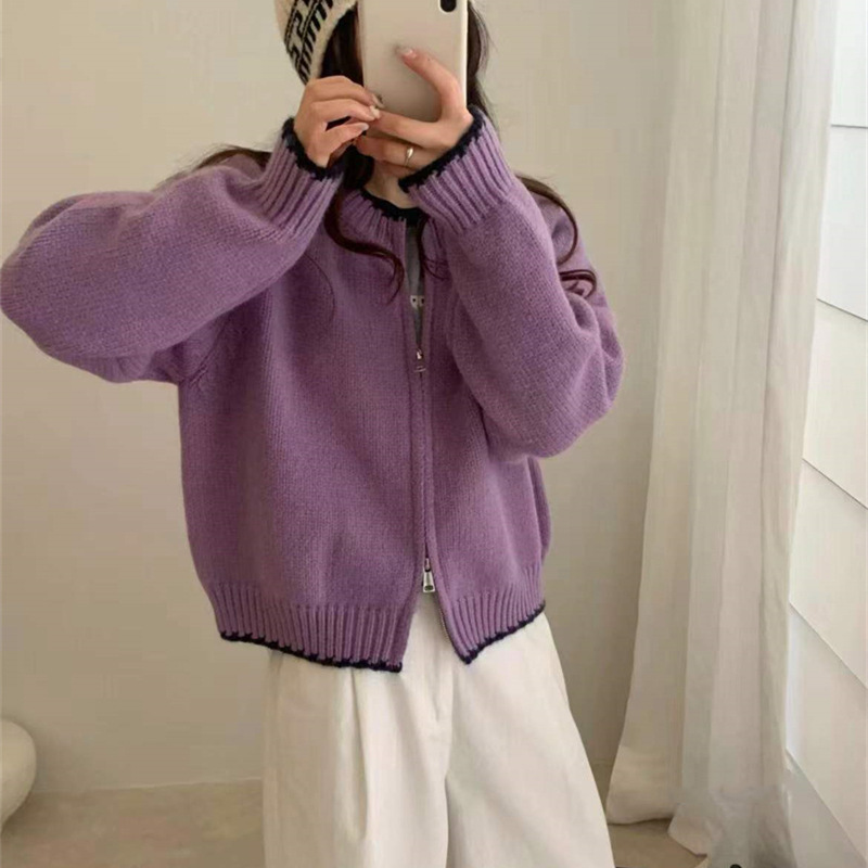 韩系圆领拉链毛衣外套女宽松2025秋冬季季新款撞色边针织开衫外穿|undefined
