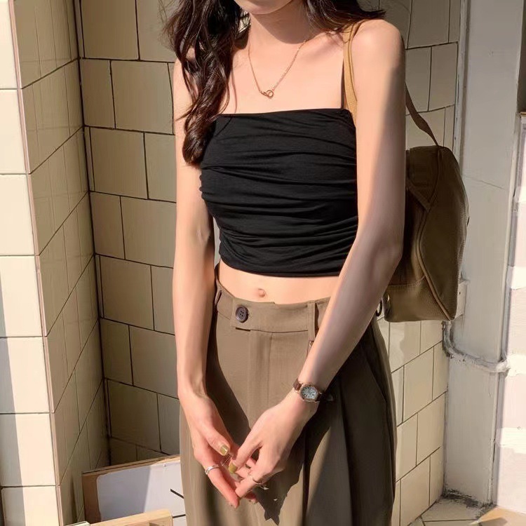 Seda de hielo camisola plisada almohadilla en el pecho de las mujeres verano desgaste interior y exterior de una pieza de belleza tubo trasero superior adelgazante bottoming top